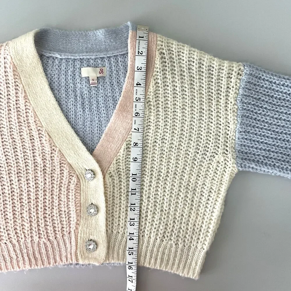 SO Pastel Color Block Cropped Cardigan Size S Rhinestone Clueless 90s Y2K